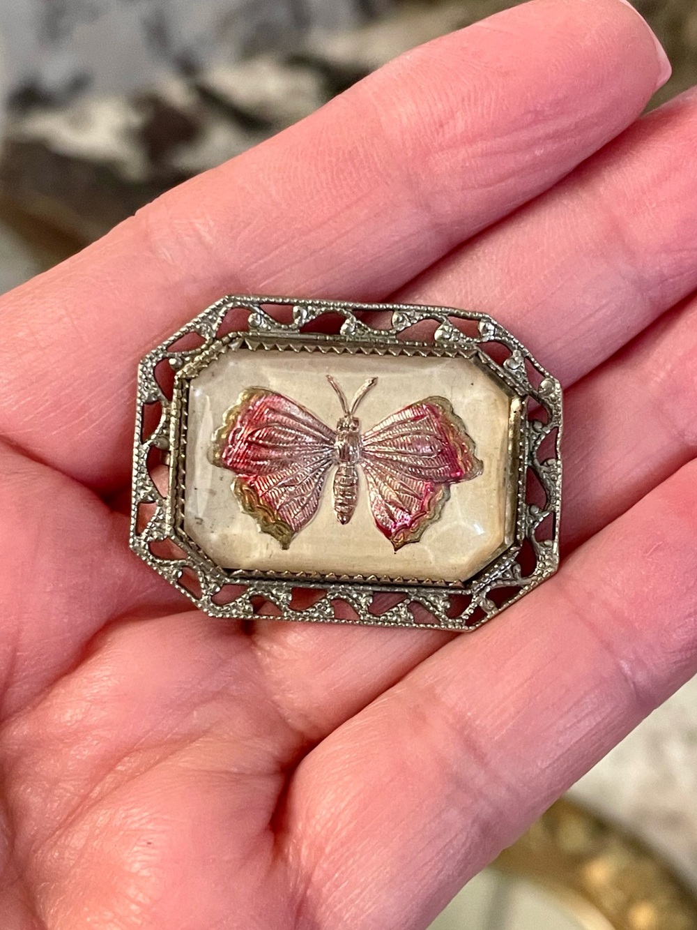 Antique Art Deco Goofus Glass Butterfly Pin w/C-Clasp in Silvertone Pot Metal